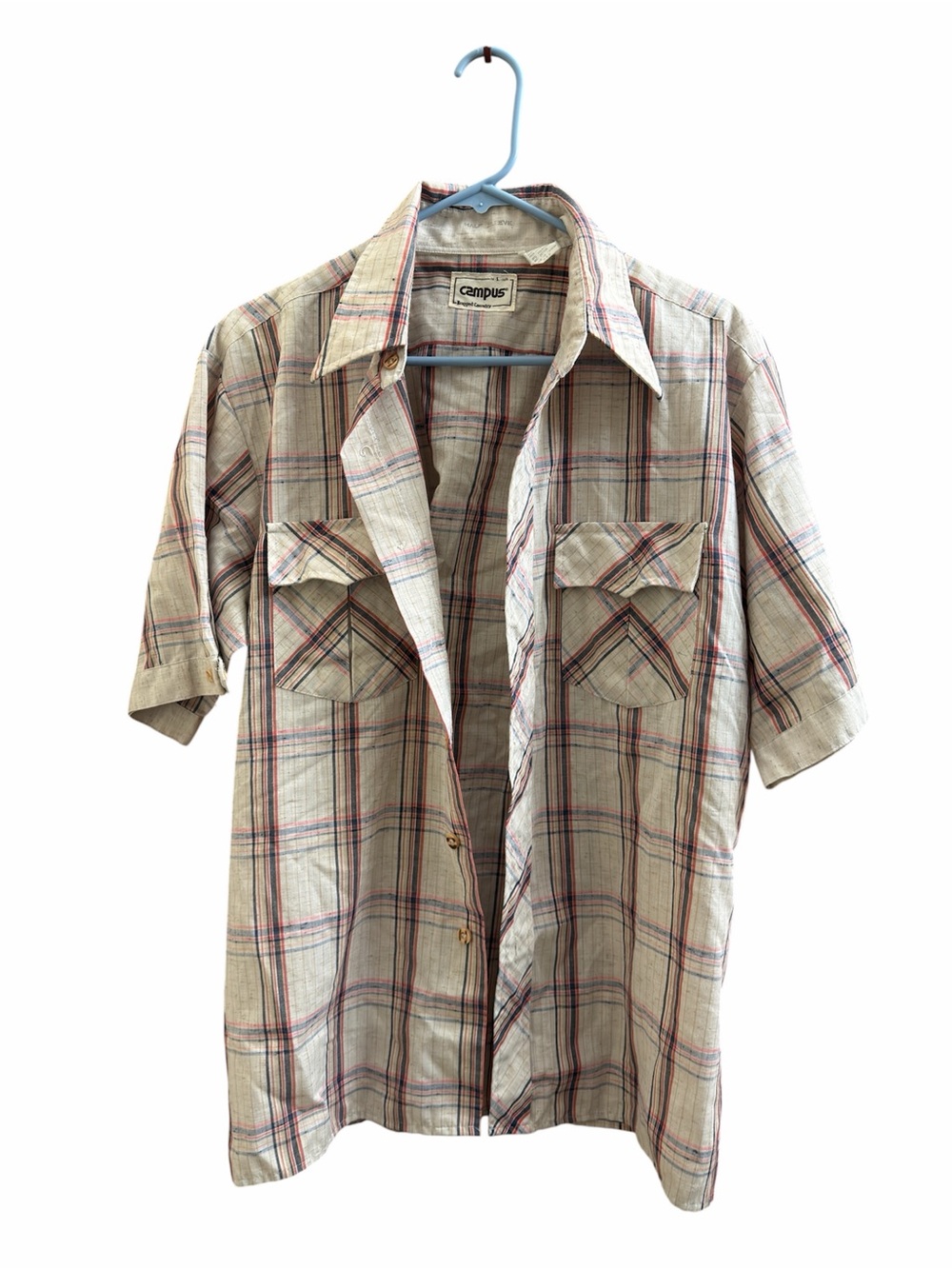 Campus Men's Short-Sleeve Plaid Button-Down Shirt in Beige